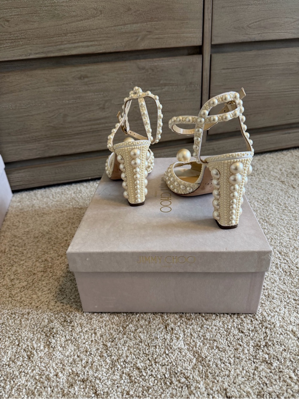 Jimmy Choo Pearl-Embellished Cream Block Heel Sandals - Picture 6 of 13